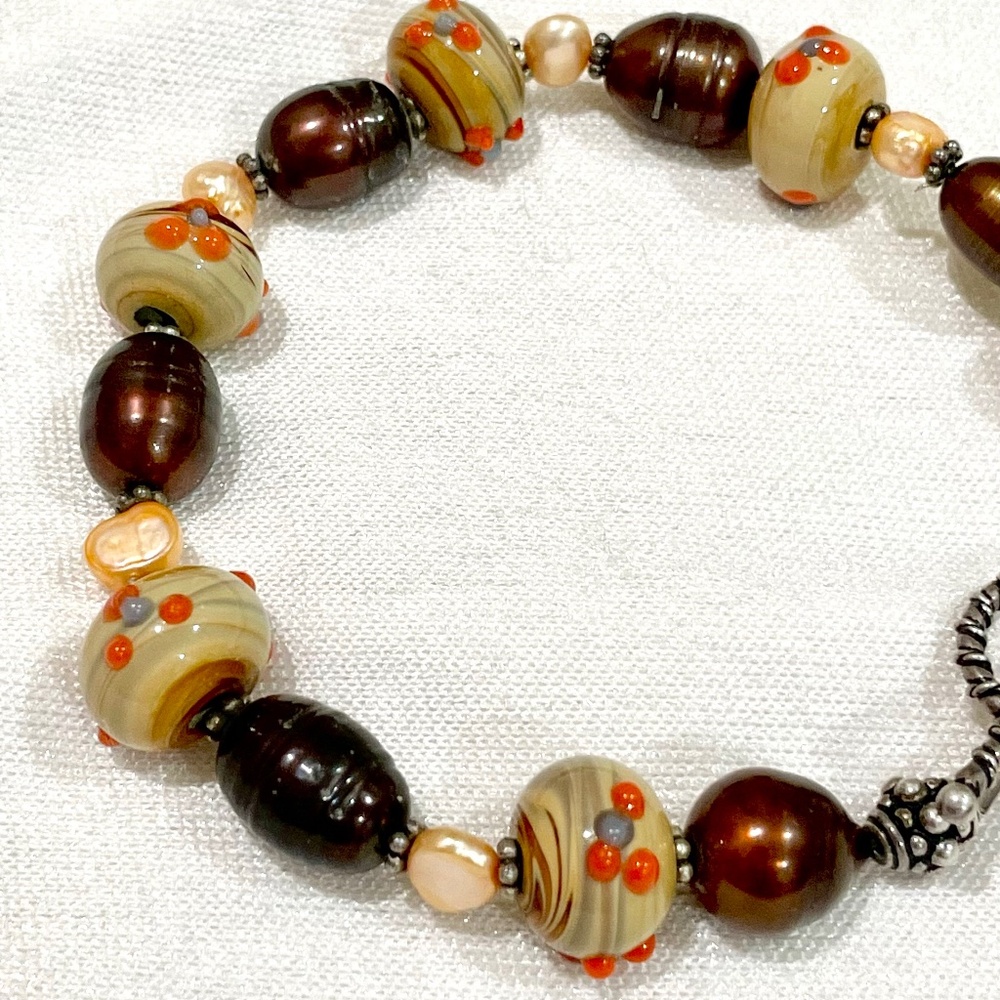 Donna Dressler Sterling Silver Wedding Cake Glass Bead Pearl Bracelet SIGNED